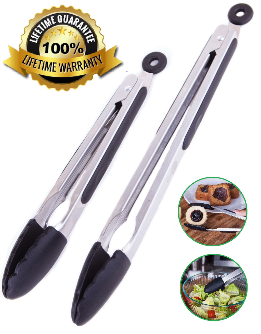 Premium Stainless Steel Kitchen Tongs by Integrity Chef - Set of 2 (12/9-inch) Food Grade Quality, Heat Resistant, Locking, Ergonomic Grip, Non-Stick Silicone Tips, SAVE A LIFE!