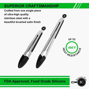Premium Stainless Steel Kitchen Tongs by Integrity Chef - Set of 2 (12/9-inch) Food Grade Quality, Heat Resistant, Locking, Ergonomic Grip, Non-Stick Silicone Tips, SAVE A LIFE!